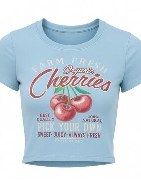 Full Tilt Light Blue Graphic Crop Tee - Cherries Print